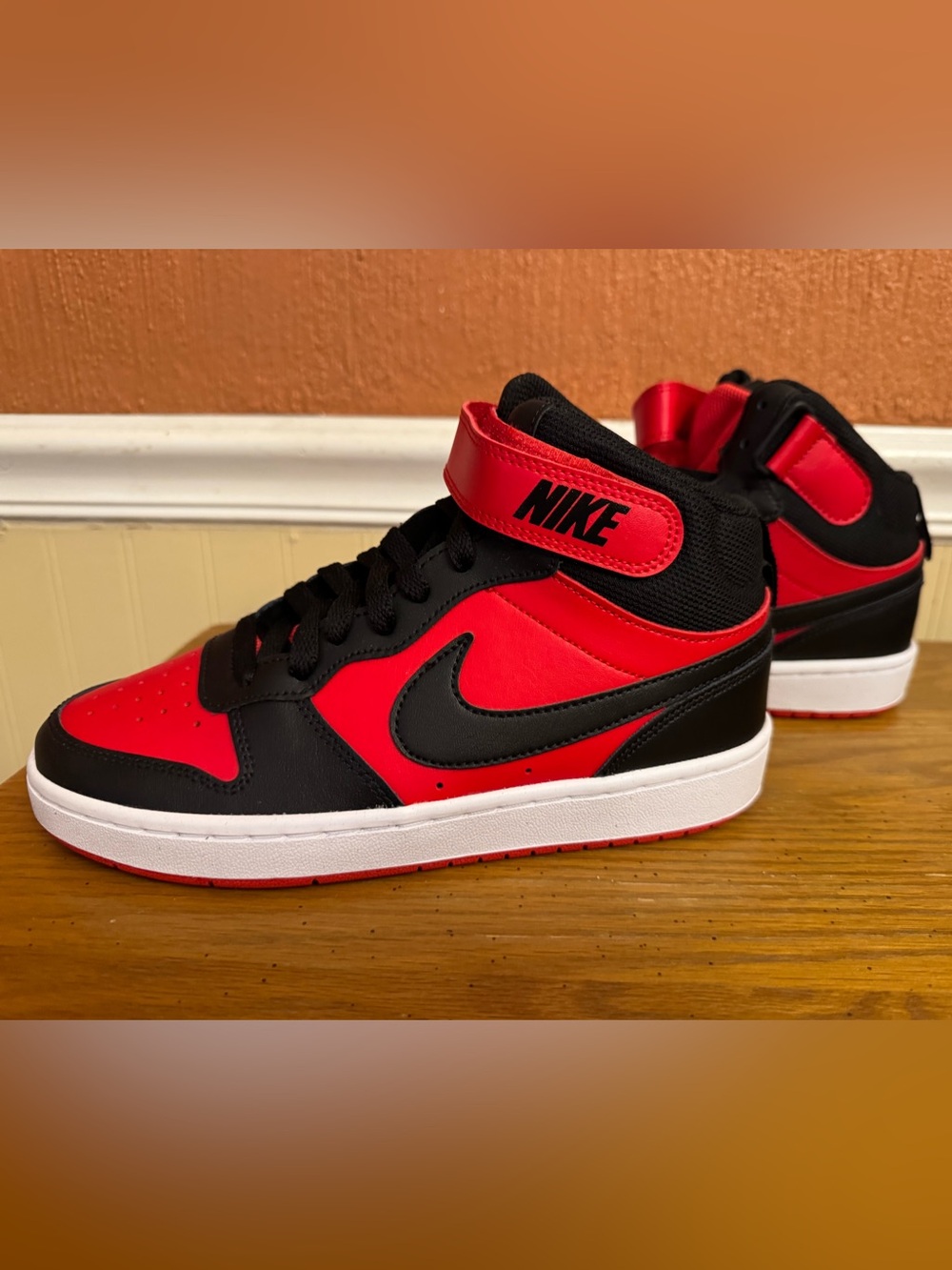 Nike Kids Black and Red Mid-Top Sneakers with Strap